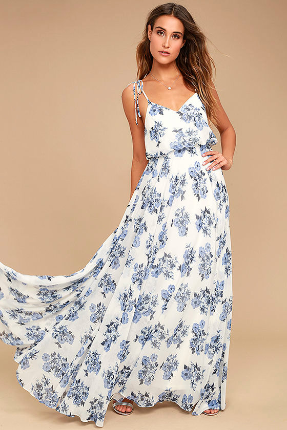 blue and white floral maxi dress